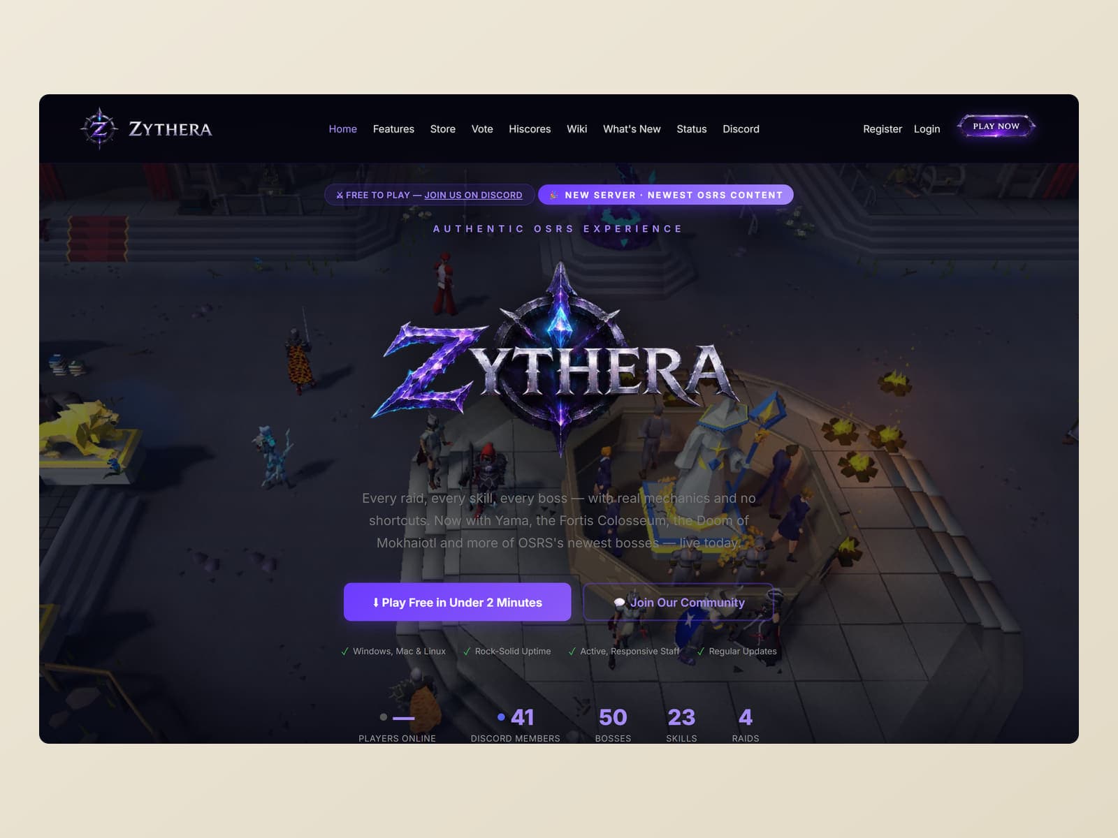 עמוד הבית של Zythera עם נתוני שרת חיים וכפתור הורדה